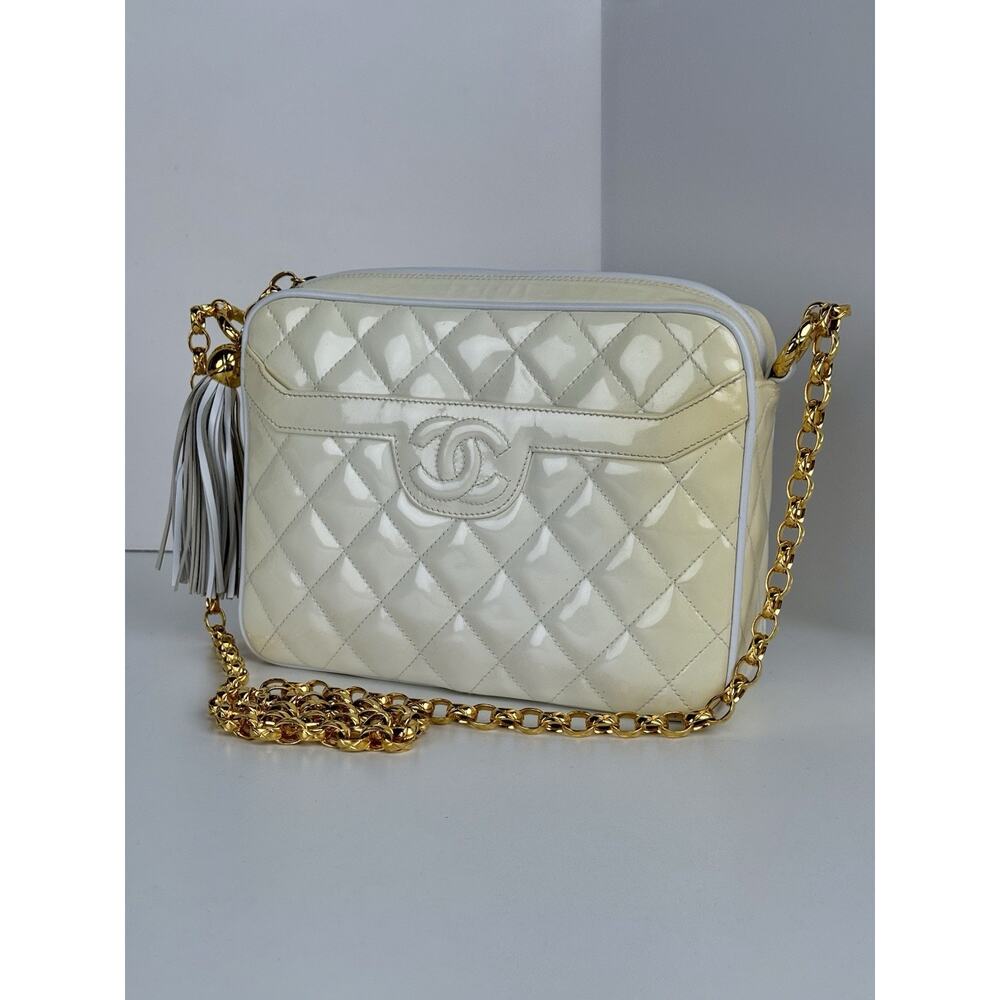 Chanel Quilted Patent Cream Leather Camera Bag